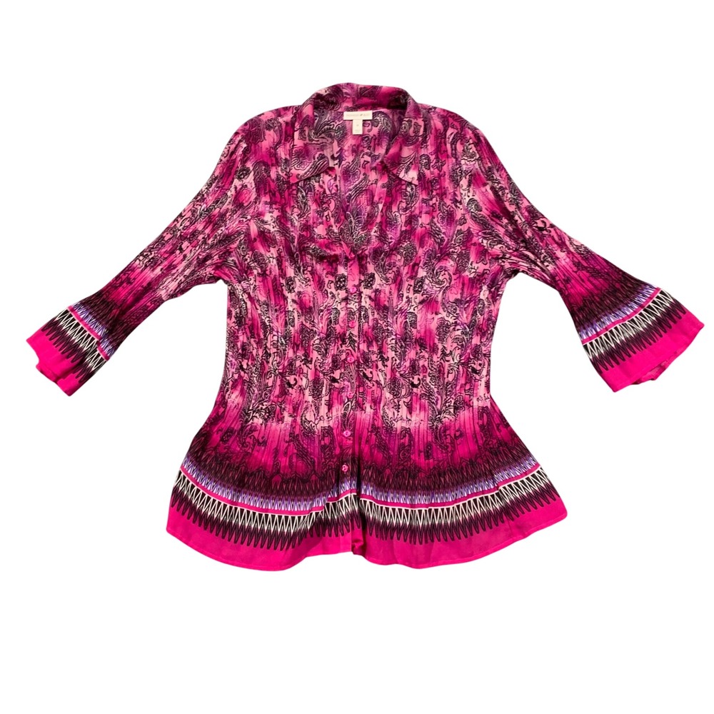 Fashion Bug Women 1X Pink Paisley Print Pleated Tunic Top Bell Sleeve Crinkle